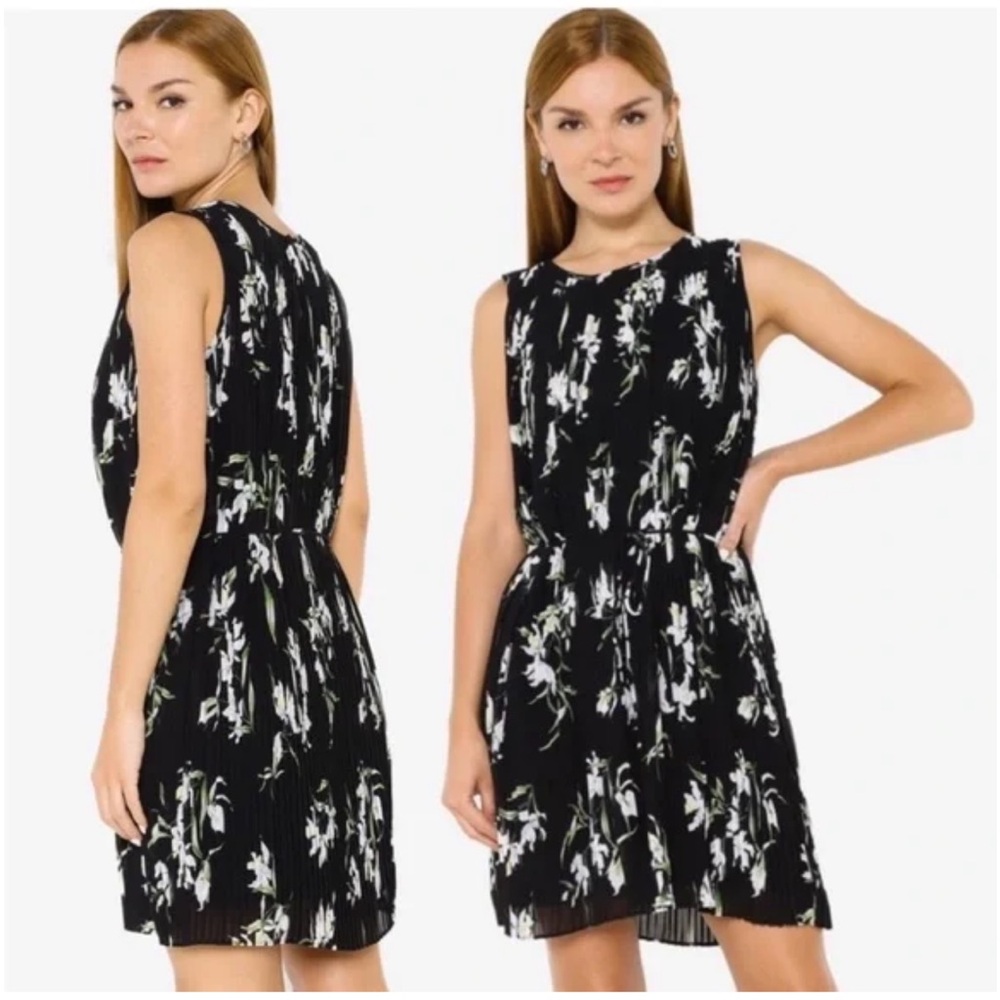 Banana Republic Sleeveless Pleated A-line Shift Mini Dress SZ L‎ in Black Floral